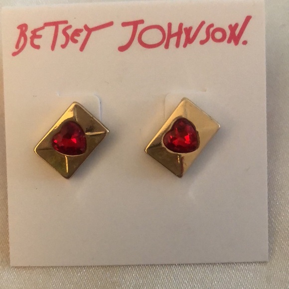 Betsey Johnson Gold Tone Envelope Stud Earrings Red Crystal Heart Accent NWT - Picture 7 of 12